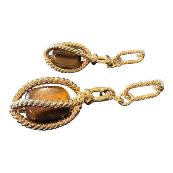 Vintage Gold-Tone Rope Cage Earrings Tiger’s Eye Dangles Retro 1970s Style J18 - Picture 6 of 6